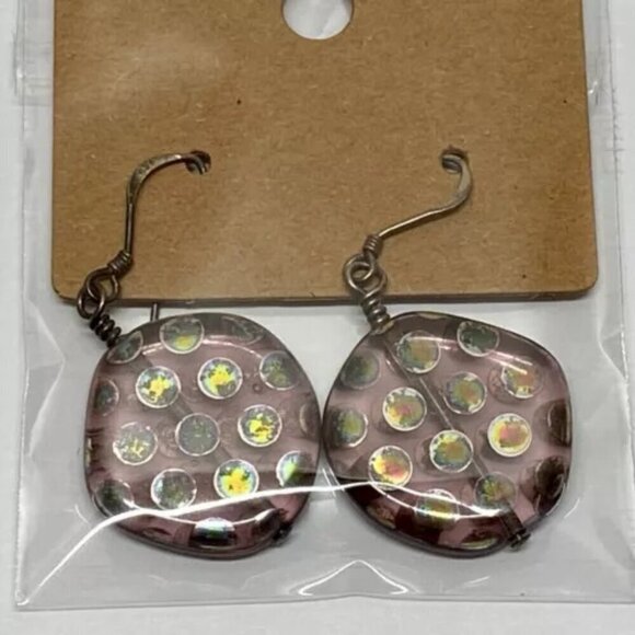 Pink Iridescent Halographic Polka Dot Flat Round Hand Blown Art Glass Earrings - Picture 7 of 15